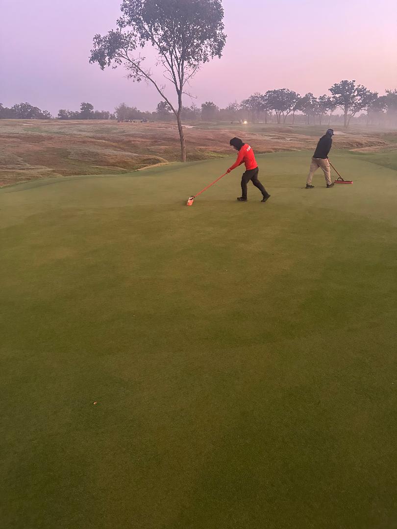 Morning squeegee on greens